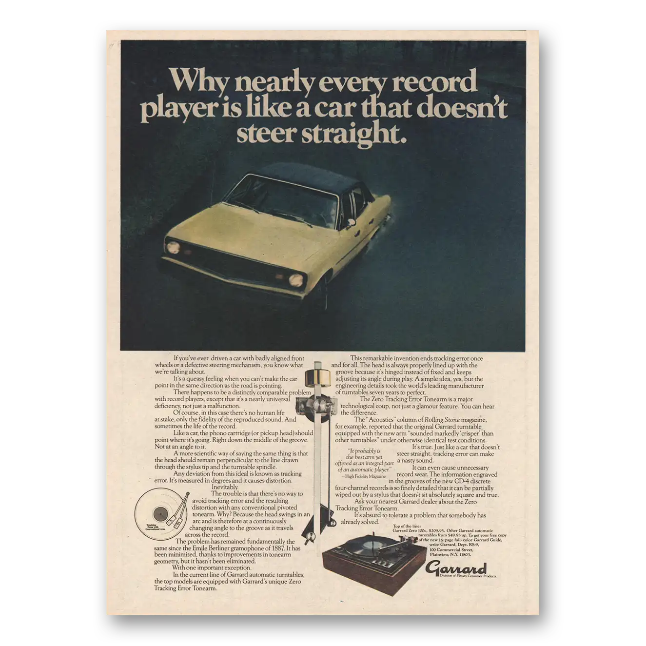 1974 Garrard Turntable Like Car That Doesn't Steer Straight Vintage Magazine Print Ad