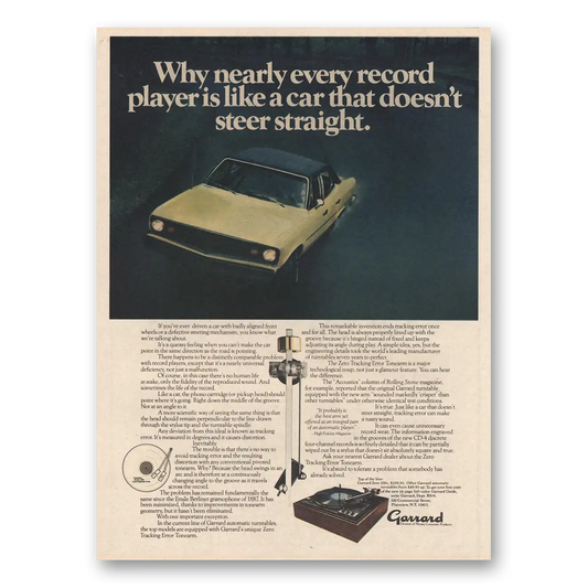 1974 Garrard Turntable Like Car That Doesn't Steer Straight Vintage Magazine Print Ad