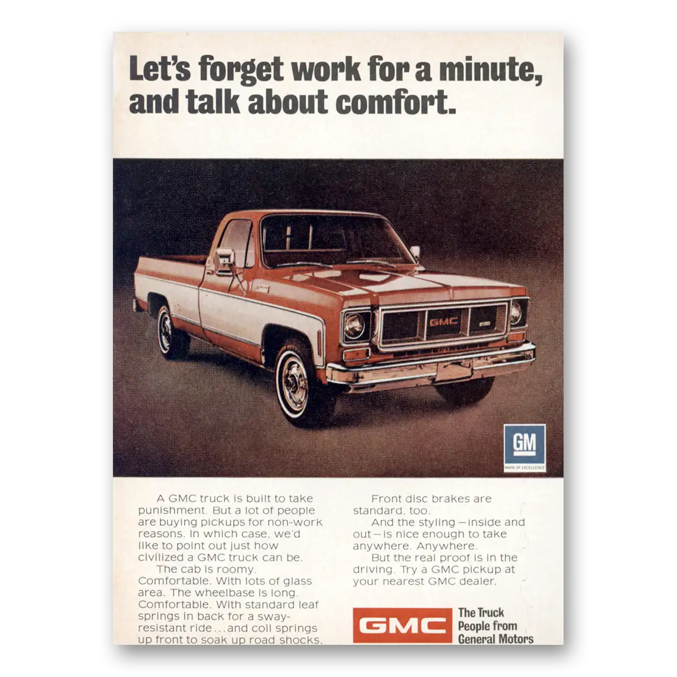 1974 GMC Trucks Lets Forget About Work For a Minute Vintage Magazine Print Ad