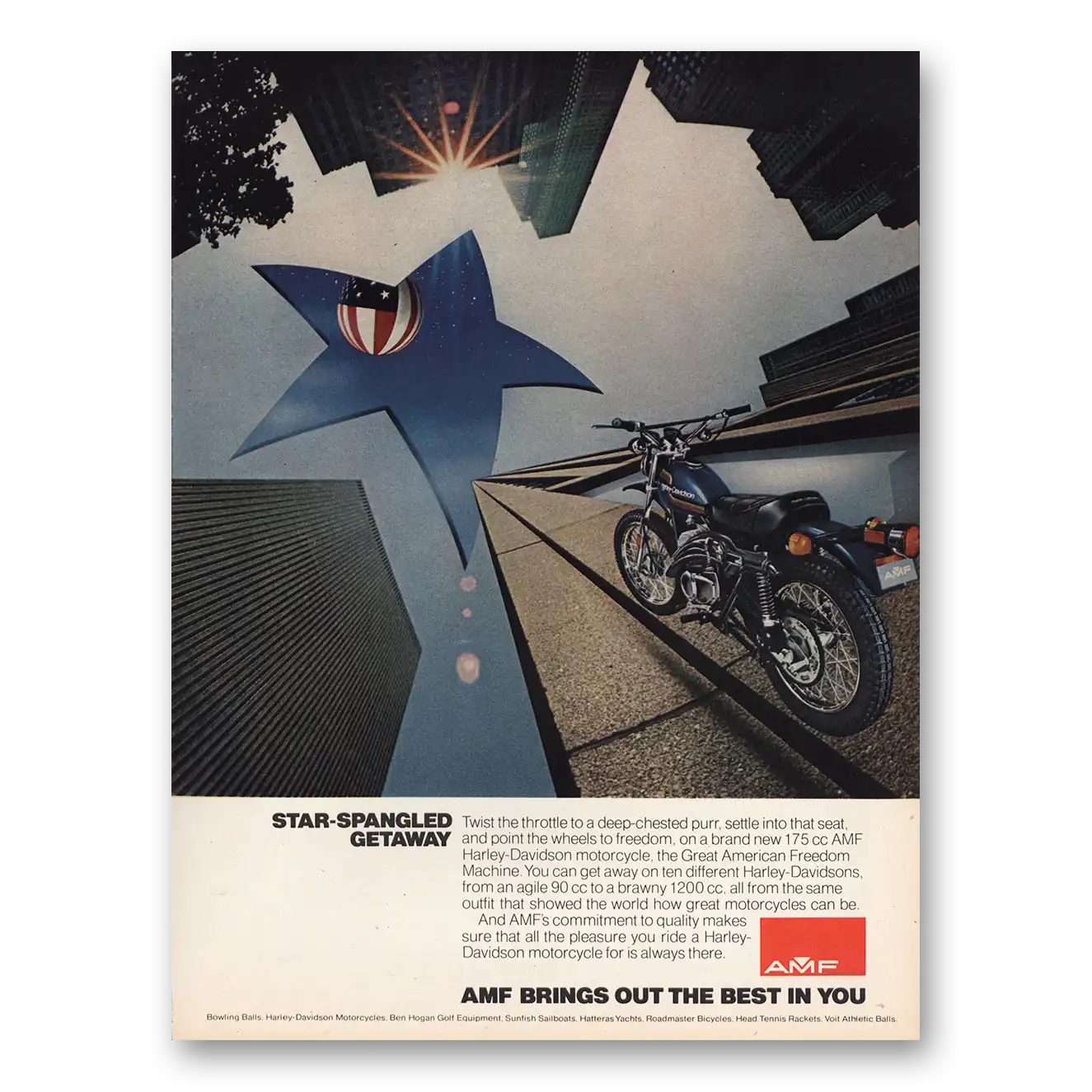 1974 AMF Harley Davidson Motorcycles Star Spangled Getaway Vintage Magazine Print Ad