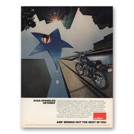 1974 AMF Harley Davidson Motorcycles Star Spangled Getaway Vintage Magazine Print Ad