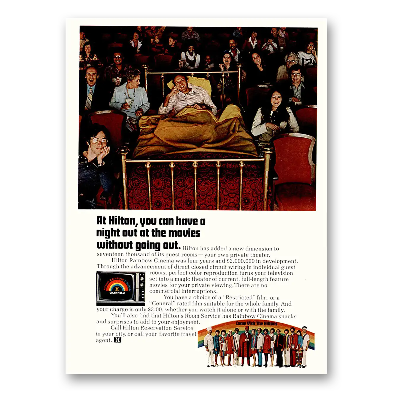 1974 Hilton Hotels You Can Have a Night Out at the Movies Vintage Magazine Print Ad