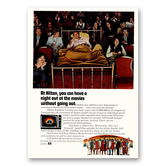 1974 Hilton Hotels You Can Have a Night Out at the Movies Vintage Magazine Print Ad