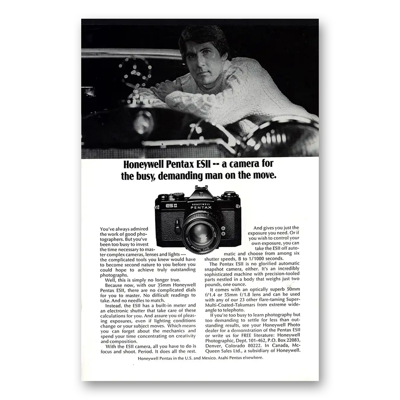 1974 Pentax Camera ESII Demanding Man Vintage Magazine Print Ad