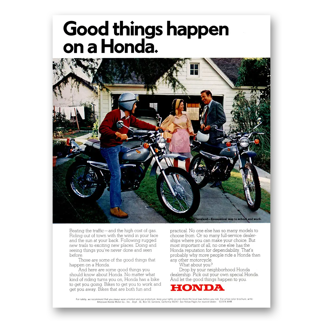 1974 Honda Motorcycle Good Things Happen On a Honda Vintage Magazine Print Ad