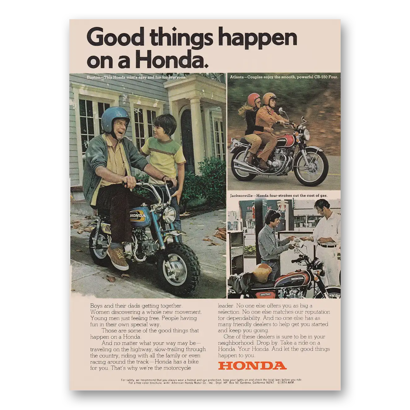 1974 Honda Motorcycle Good Things Happen On a Honda Vintage Magazine Print Ad