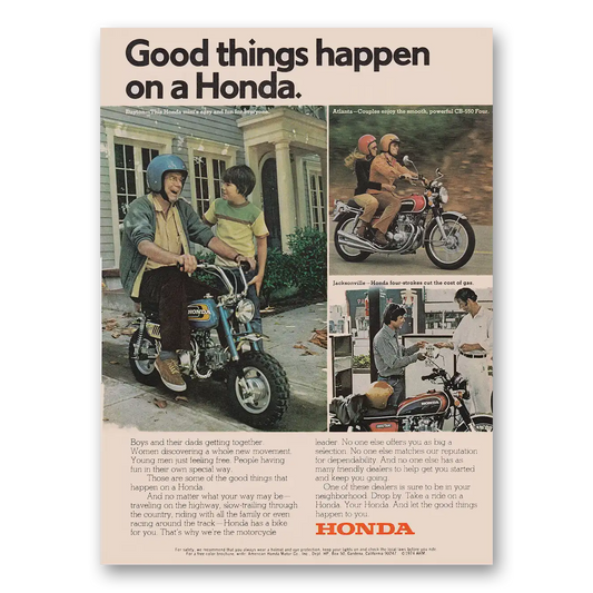 1974 Honda Motorcycle Good Things Happen On a Honda Vintage Magazine Print Ad