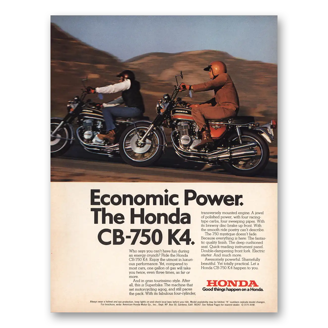 1974 Honda Motorcycle Economic Power CB750 K4 Vintage Magazine Print Ad