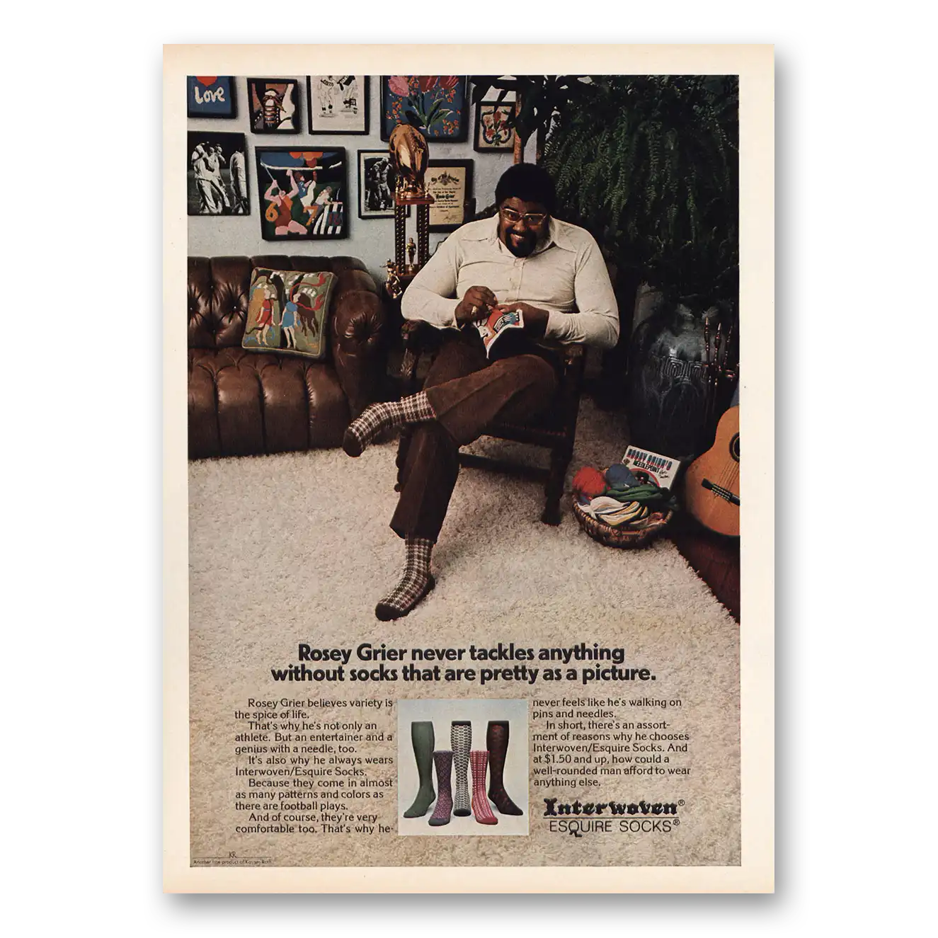 1974 Interwoven Socks Esquire Socks Rosey Grier Vintage Magazine Print Ad