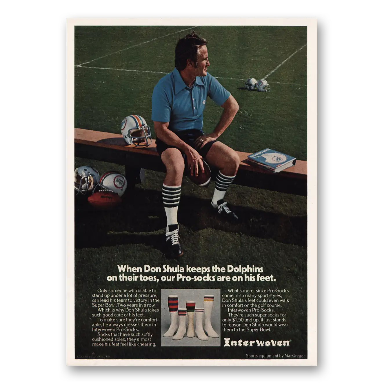 1974 Interwoven Socks Pro Socks Don Shula Dolphins Vintage Magazine Print Ad