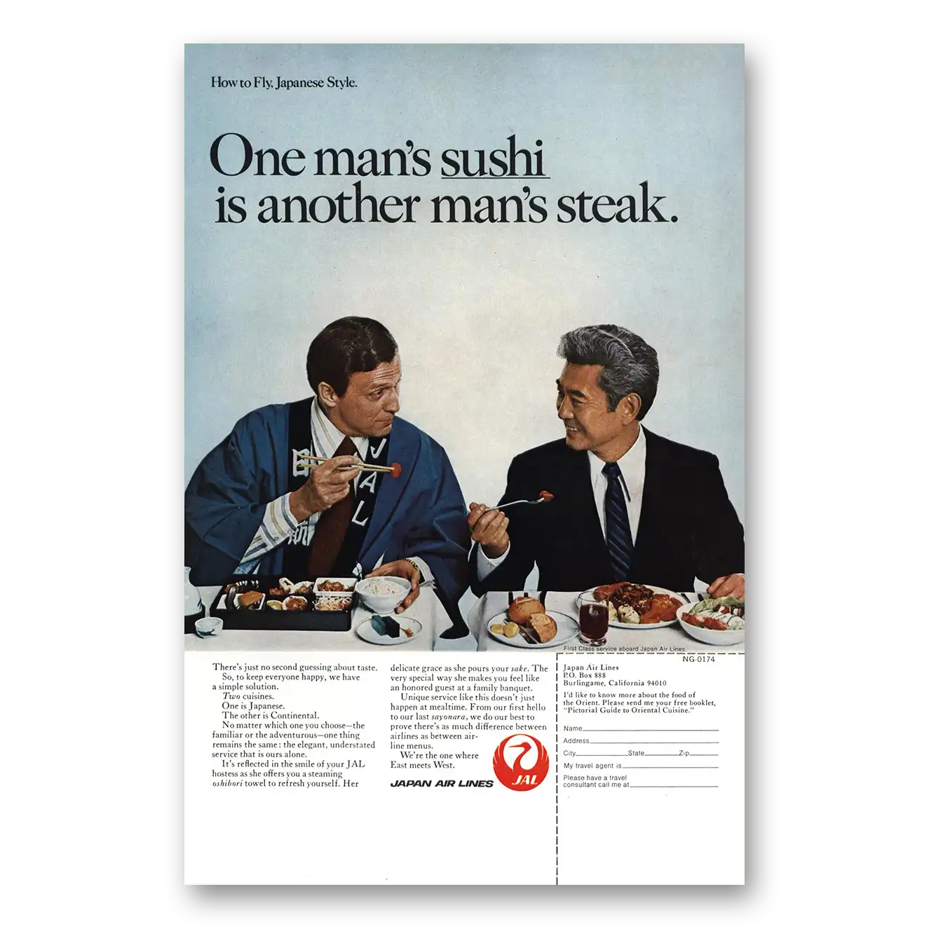 1974 Japan Air Lines One Mans Sushi Another Mans Steak Vintage Magazine Print Ad