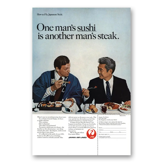 1974 Japan Air Lines One Mans Sushi Another Mans Steak Vintage Magazine Print Ad