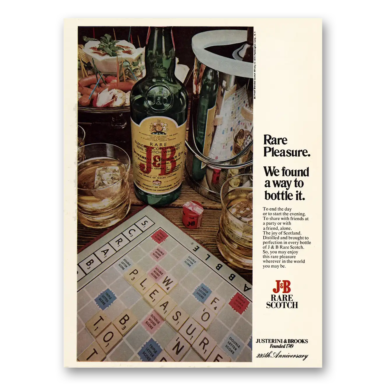 1974 J&B Scotch Whisky Rare Pleasure Scrabble Vintage Magazine Print Ad