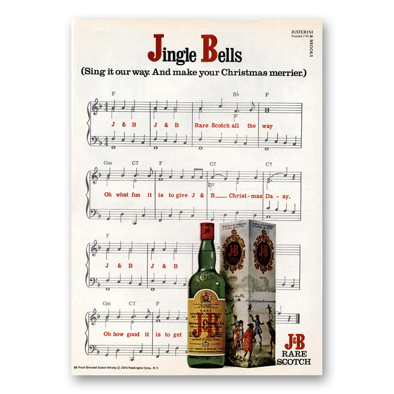 1974 J&B Scotch Whisky Jingle Bells Sing It Our Way Vintage Magazine Print Ad