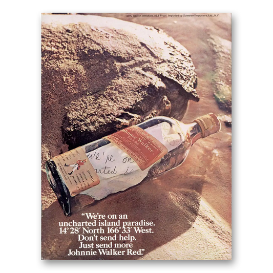 1974 Johnnie Walker Red Label Uncharted Island Paradise Vintage Magazine Print Ad