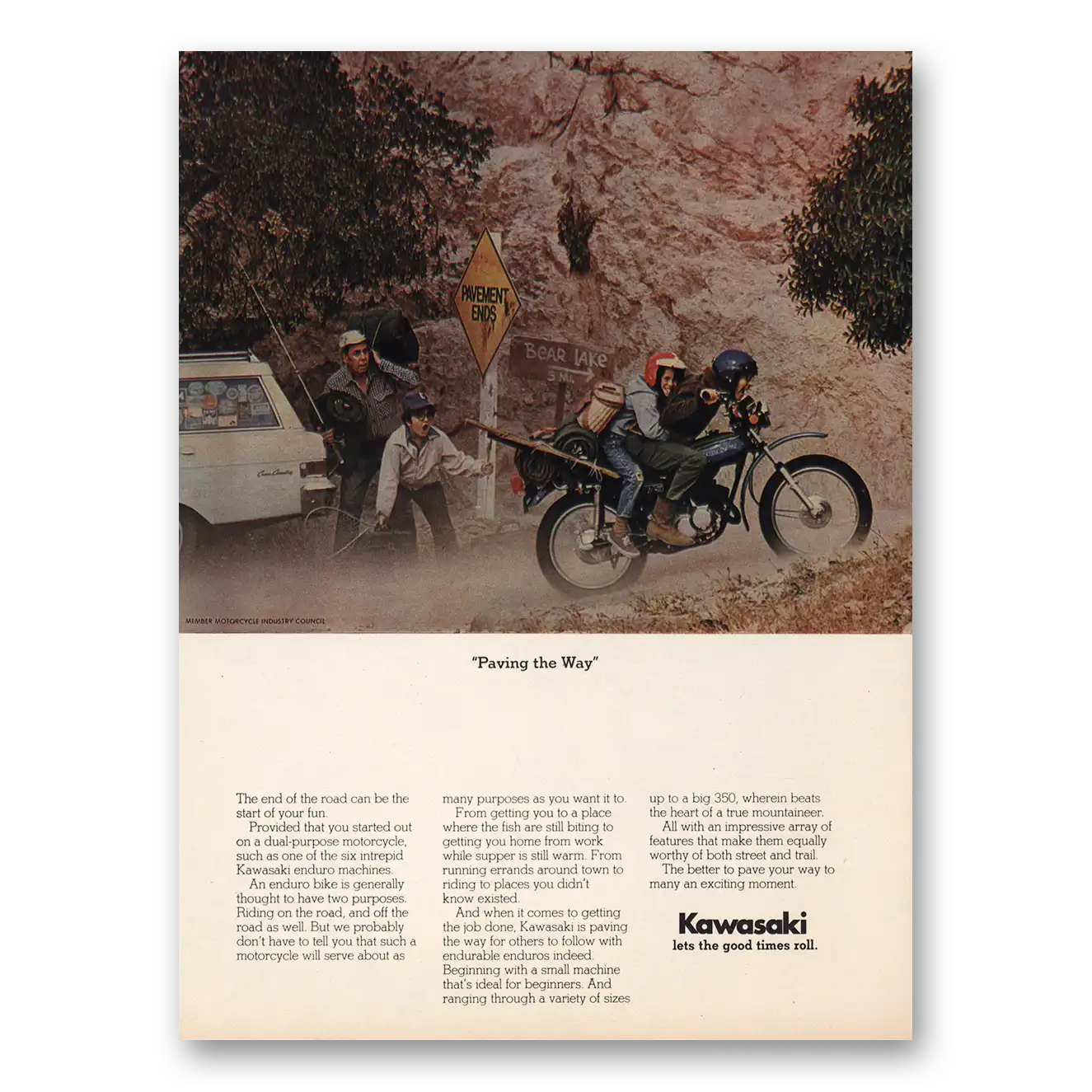 1974 Kawasaki Motorcycles Paving the Way Vintage Magazine Print Ad