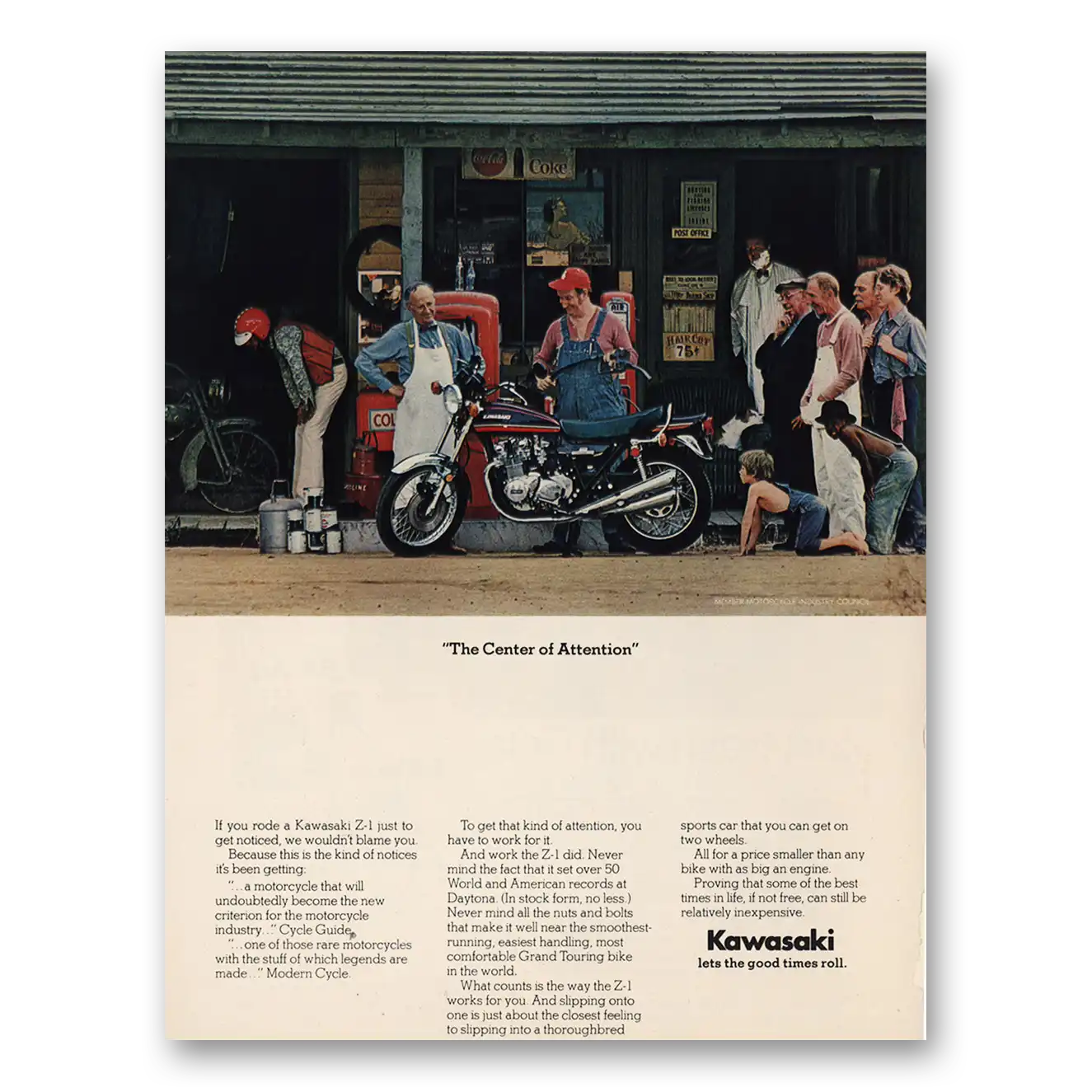 1974 Kawasaki Motorcycles The Center of Attraction Vintage Magazine Print Ad