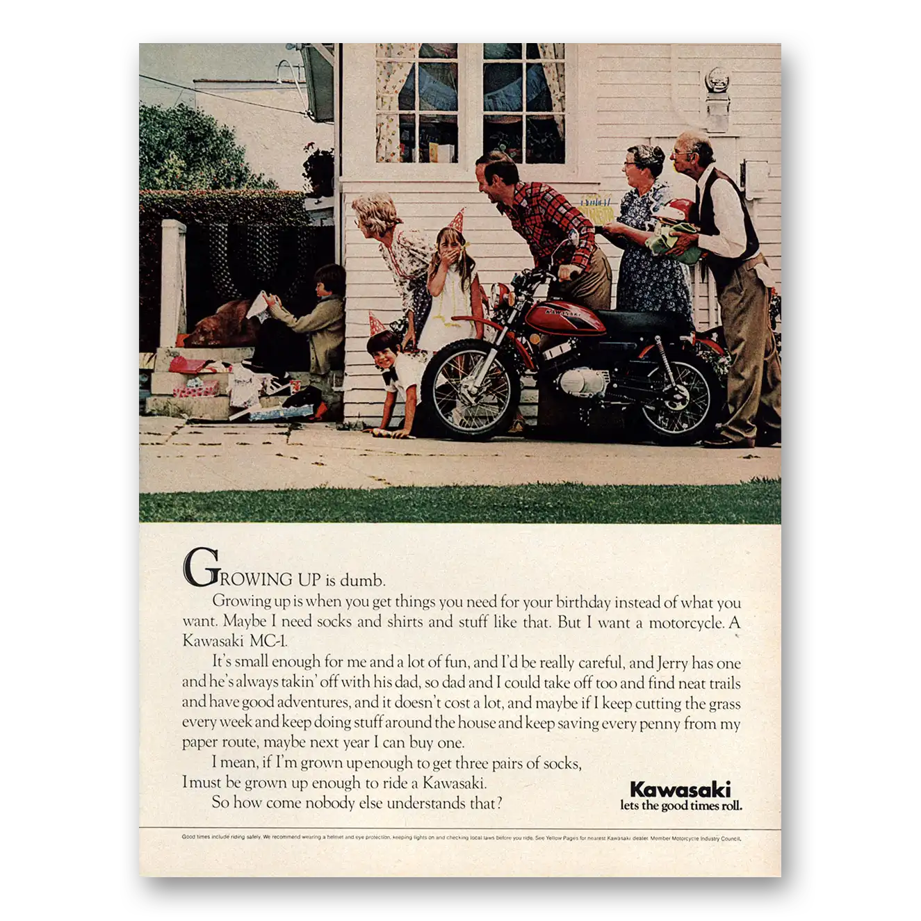 1974 Kawasaki Motorcycles Growing Up Is Dumb Vintage Magazine Print Ad