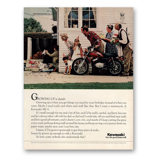 1974 Kawasaki Motorcycles Growing Up Is Dumb Vintage Magazine Print Ad