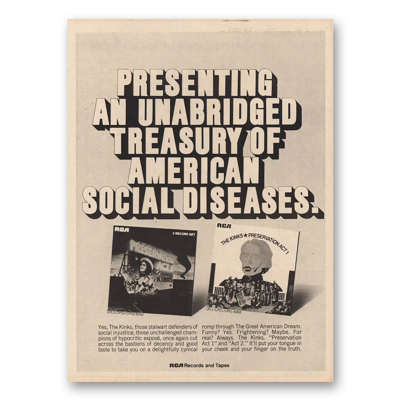 1974 The Kinks Promo Preservation Promo American Social Diseases Vintage Magazine Print Ad