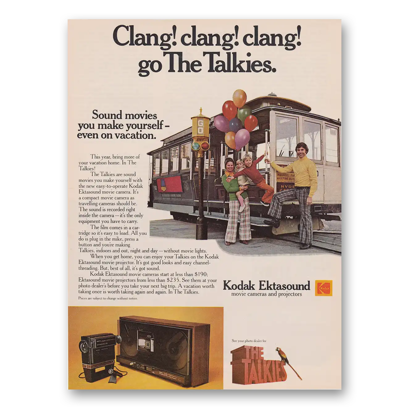 1974 Kodak Movie Camera Clang Clang Clang Go the Talkies Cable Car Vintage Magazine Print Ad