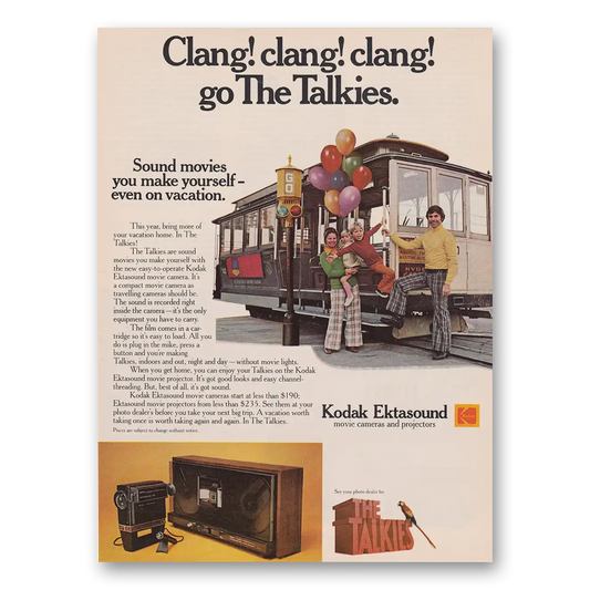 1974 Kodak Movie Camera Clang Clang Clang Go the Talkies Cable Car Vintage Magazine Print Ad