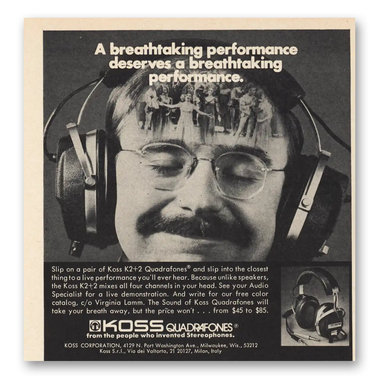 1974 Koss Stereophones Quadrafones Breathtaking Performance Vintage Magazine Print Ad