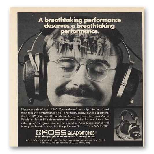 1974 Koss Stereophones Quadrafones Breathtaking Performance Vintage Magazine Print Ad