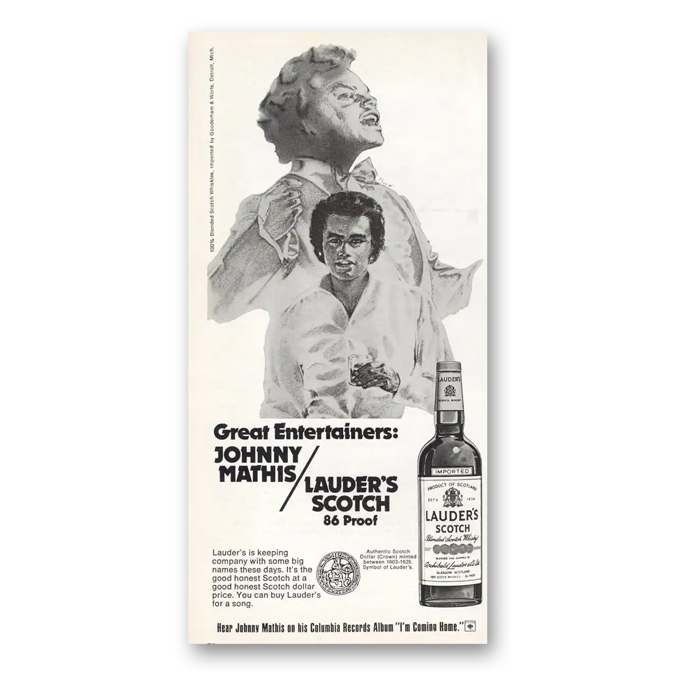 1974 Lauders Scotch Johnny Mathis Vintage Magazine Print Ad