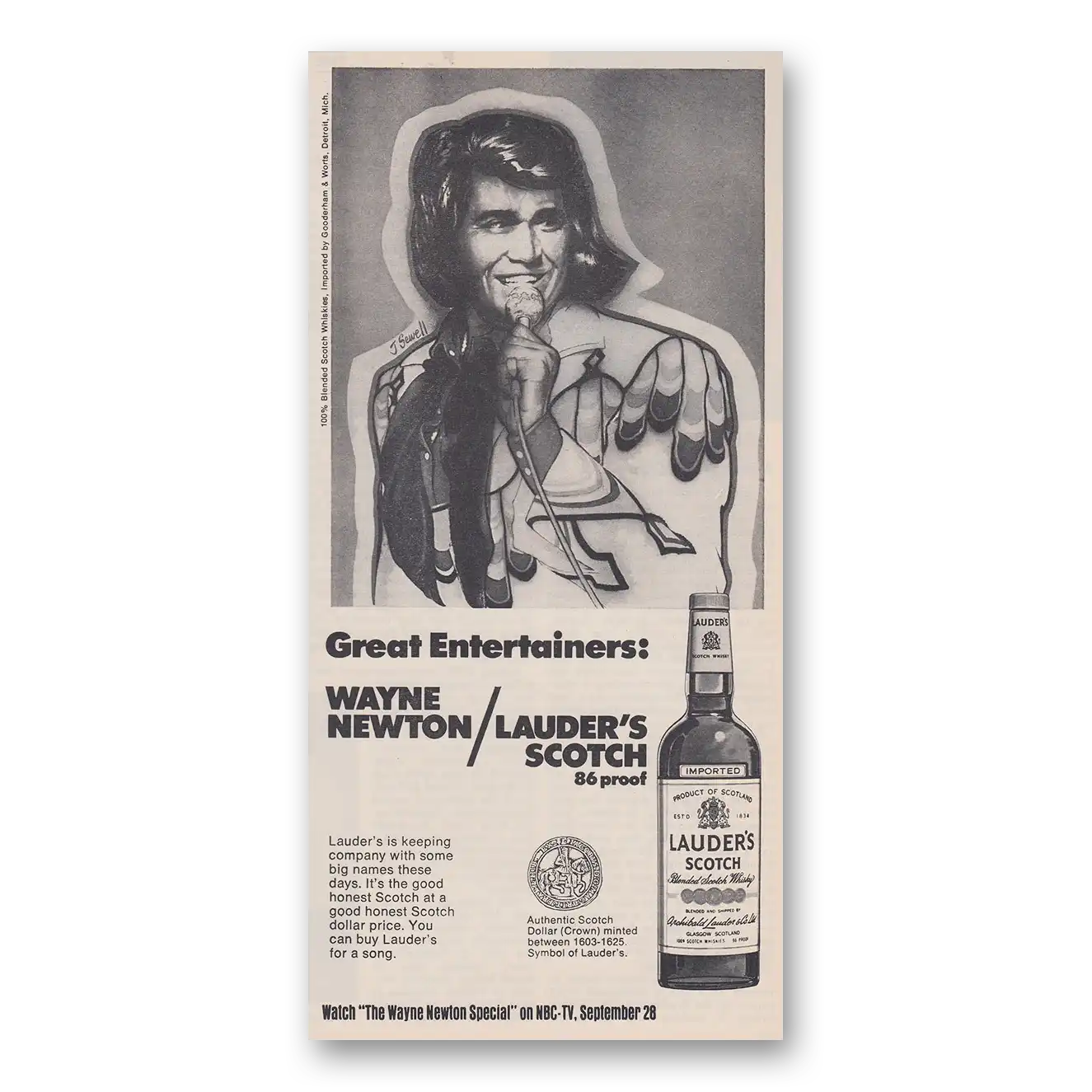 1974 Lauders Scotch Great Entertainers Wayne Newton Vintage Magazine Print Ad