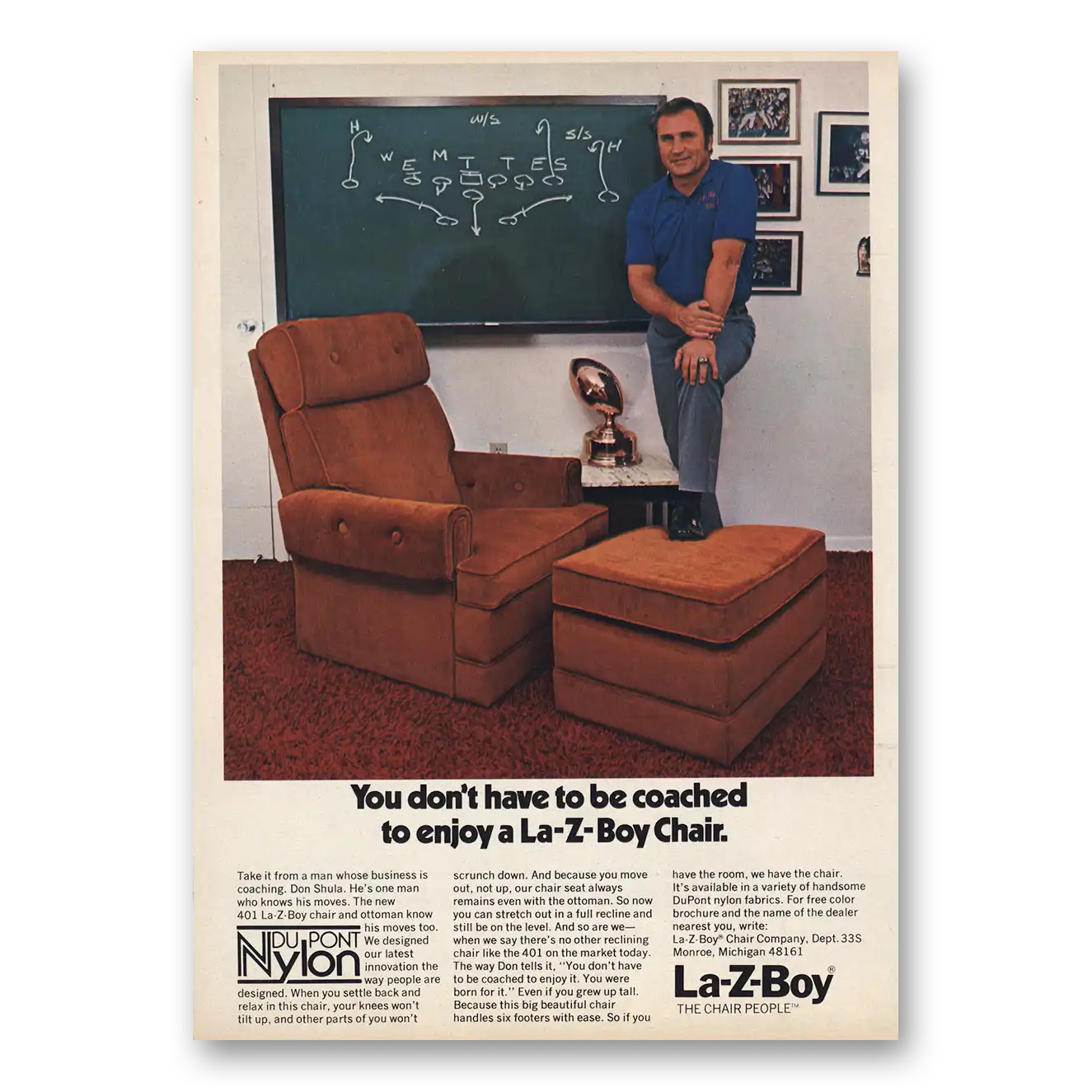 1974 La Z Boy You Don't Have To Be Coached Vintage Magazine Print Ad