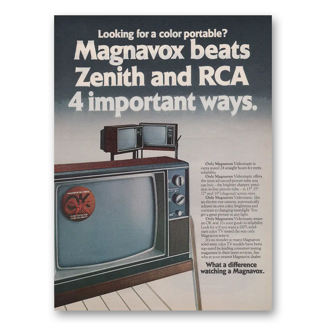 1974 Magnavox Color Television Videomatic Beats Zenith and RCA Vintage Magazine Print Ad