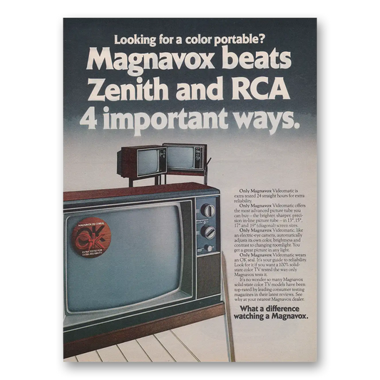 1974 Magnavox Color Television Videomatic Beats Zenith and RCA Vintage Magazine Print Ad