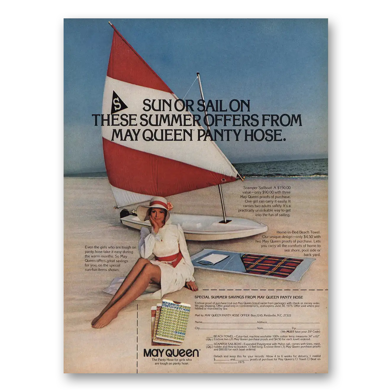 1974 May Queen Panty Hose Sun or Sail Vintage Magazine Print Ad