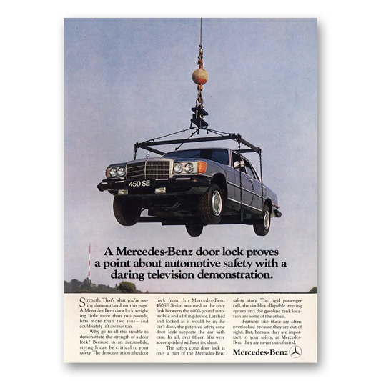 1974 Mercedes Benz 450SE Door Lock Proves a Point Vintage Magazine Print Ad