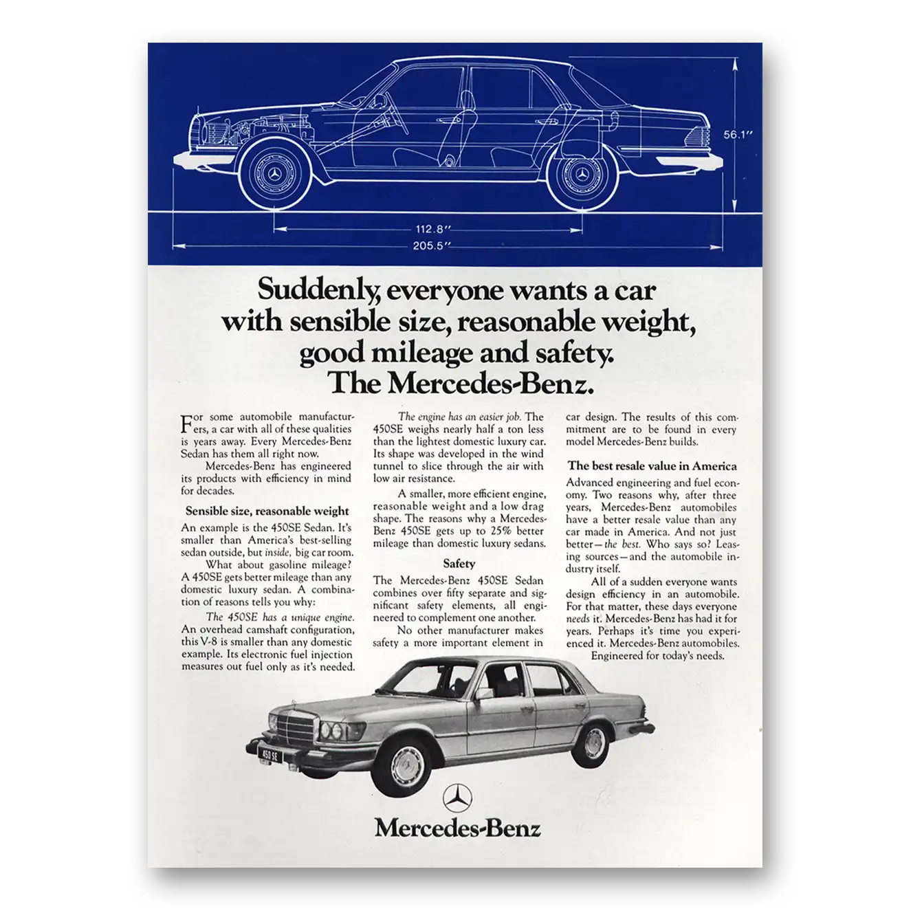 1974 Mercedes Benz 450SE Suddenly Everyone Wants a Car Sensible Size Vintage Magazine Print Ad