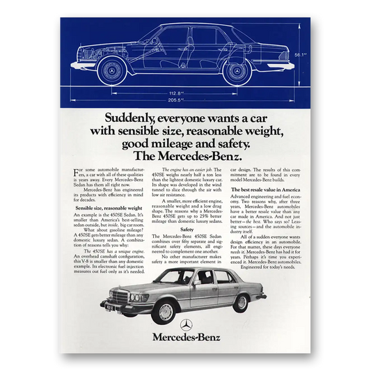 1974 Mercedes Benz 450SE Suddenly Everyone Wants a Car Sensible Size Vintage Magazine Print Ad