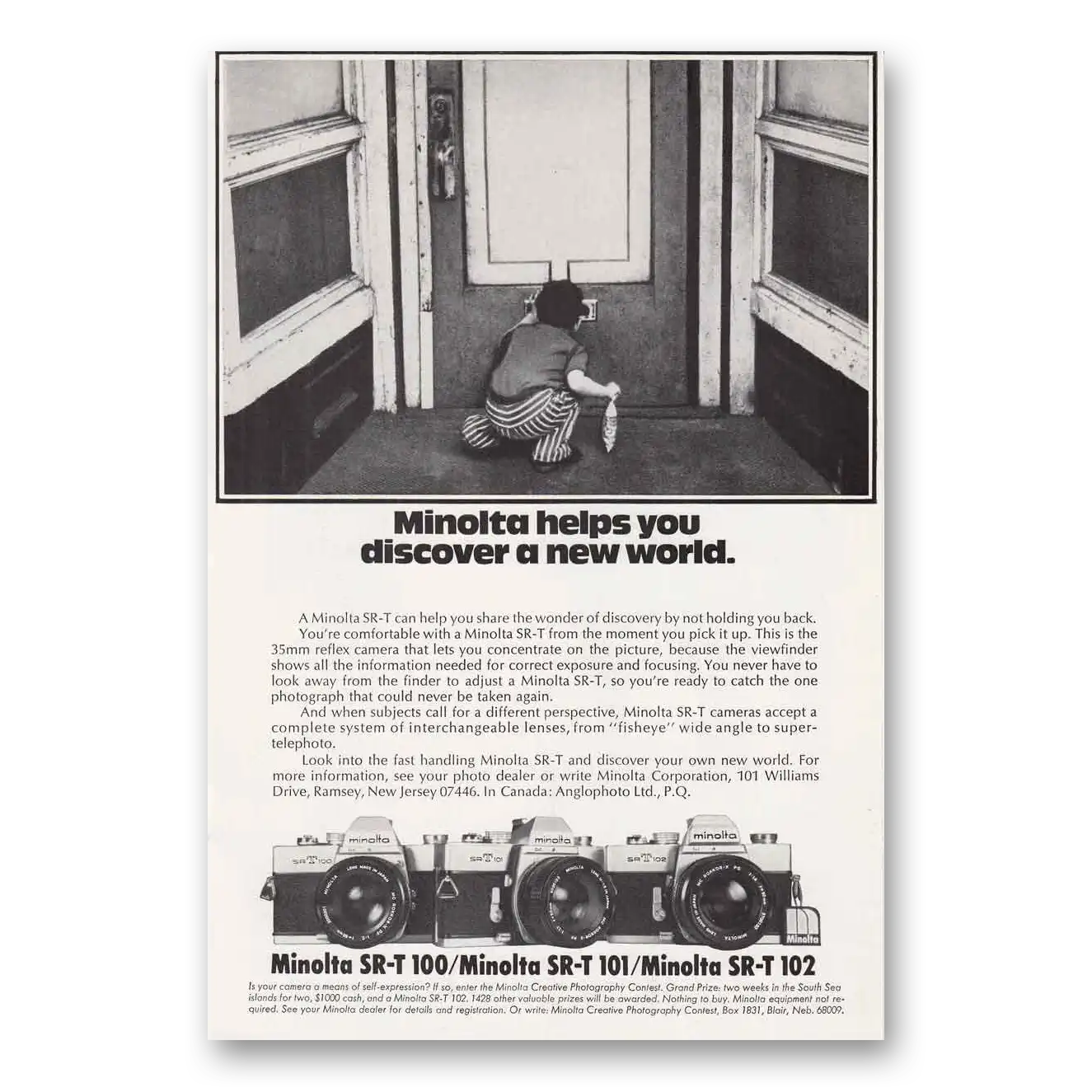 1974 Minolta SRT Camera Discover a New World Vintage Magazine Print Ad