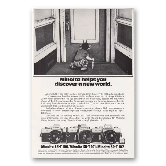 1974 Minolta SRT Camera Discover a New World Vintage Magazine Print Ad