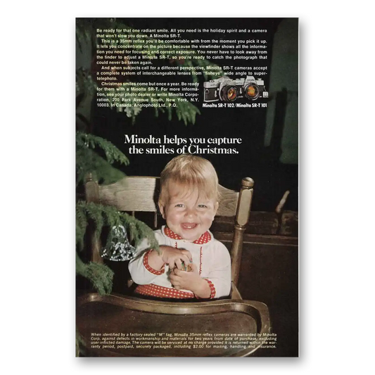 1974 Minolta SRT Camera Smiles of Christmas Vintage Magazine Print Ad