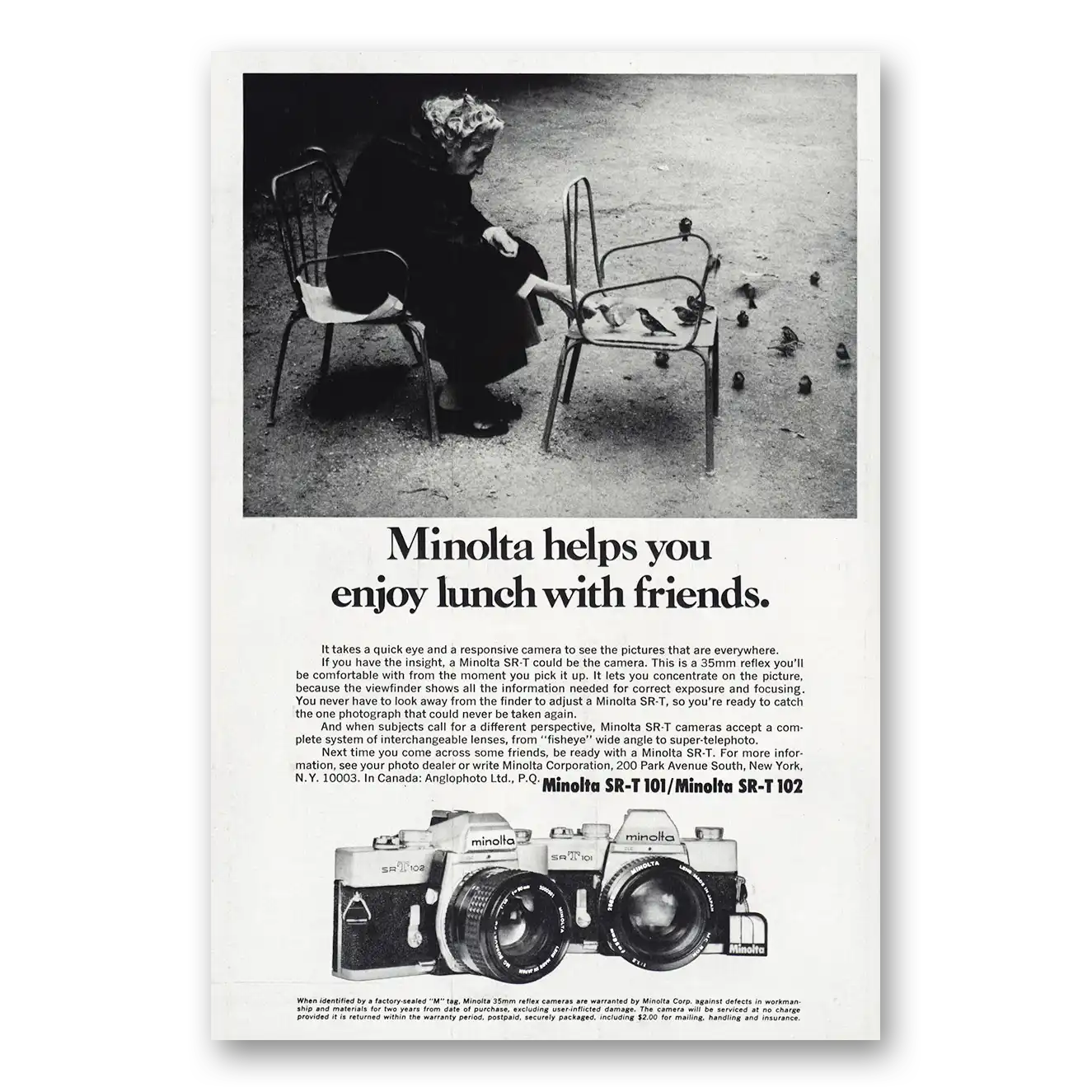 1974 Minolta SRT Camera Lunch With Friends Vintage Magazine Print Ad