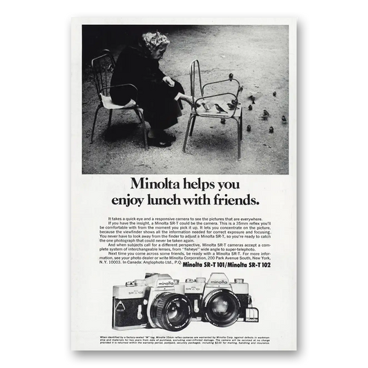 1974 Minolta SRT Camera Lunch With Friends Vintage Magazine Print Ad