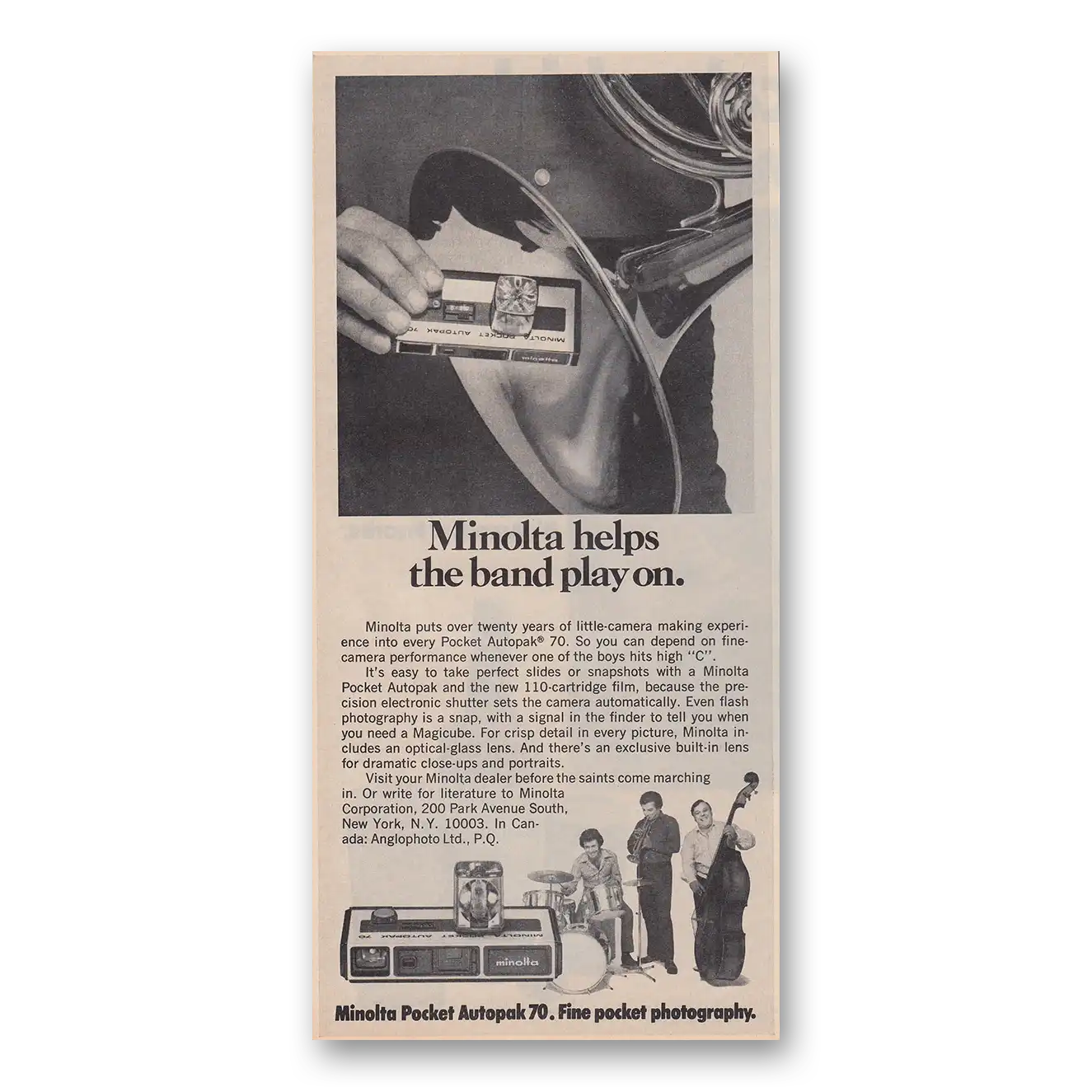 1974 Minolta Camera Helps the Band Play On Vintage Magazine Print Ad