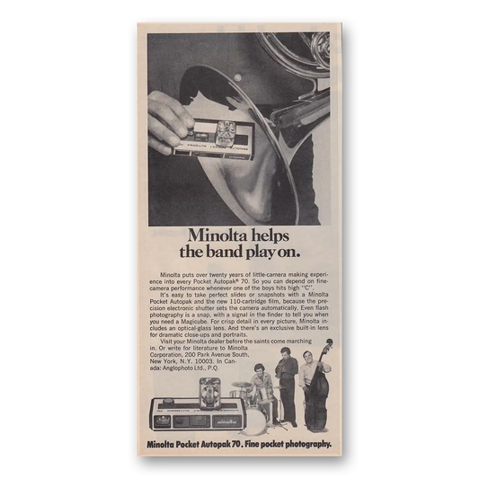 1974 Minolta Camera Helps the Band Play On Vintage Magazine Print Ad