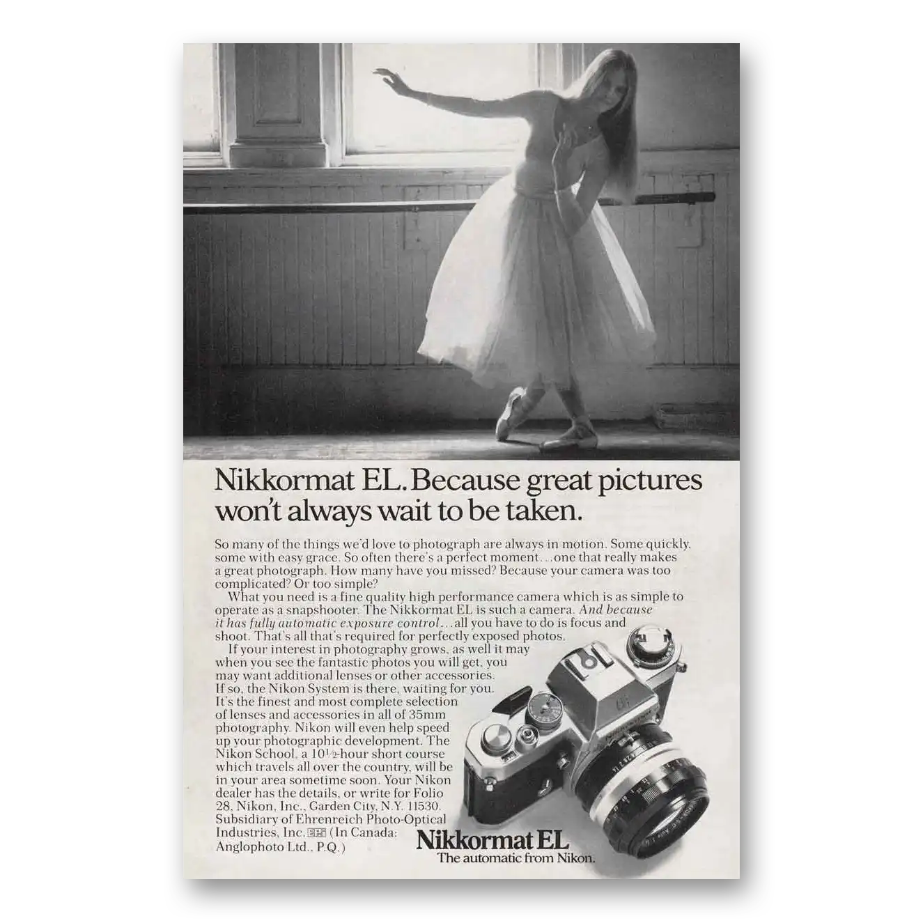 1974 Nikon Camera EL Camera Ballerina Vintage Magazine Print Ad