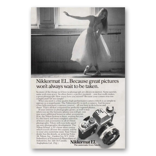 1974 Nikon Camera EL Camera Ballerina Vintage Magazine Print Ad