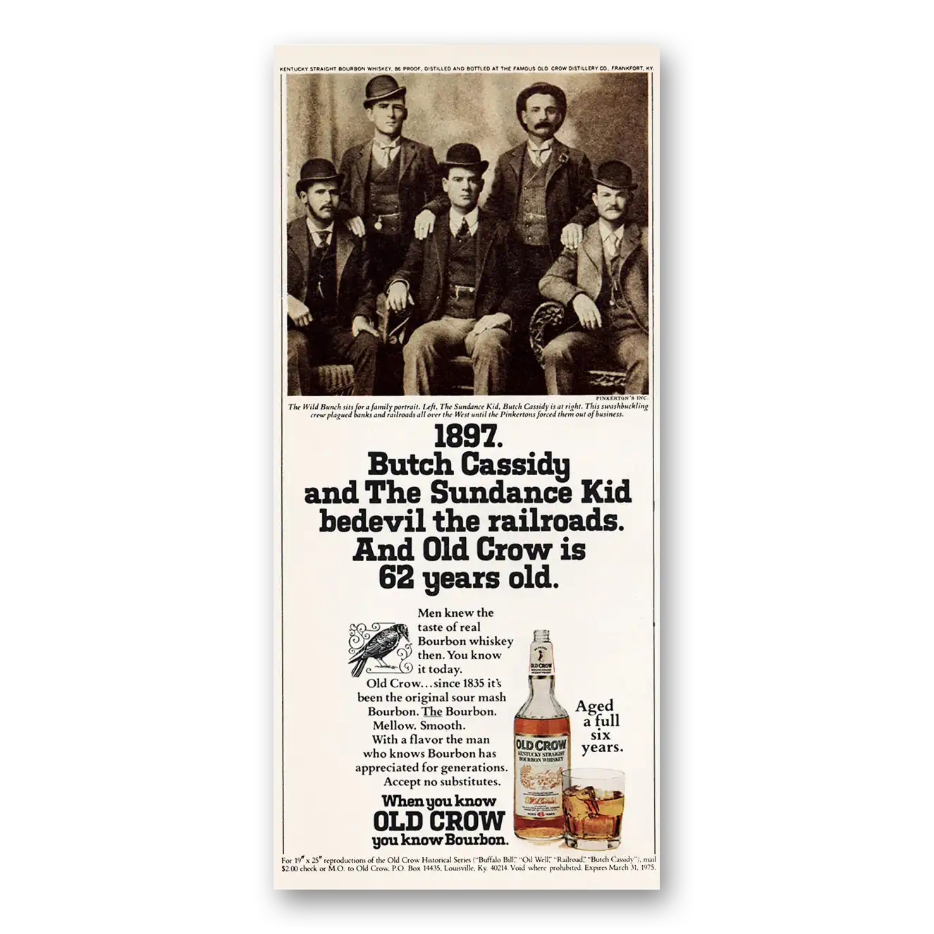 1974 Old Crow Whiskey Butch Cassidy and the Sundance Kid Vintage Magazine Print Ad