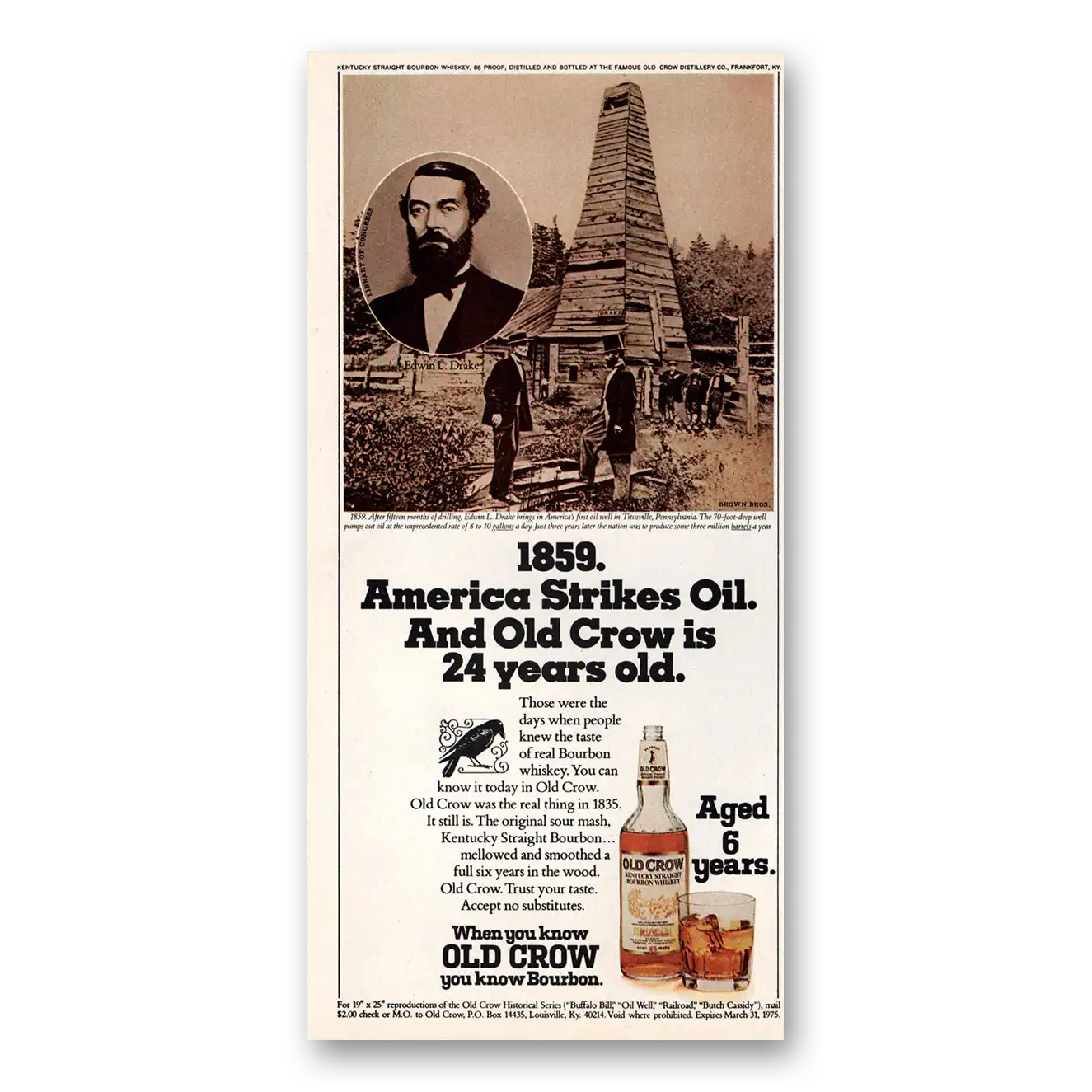 1974 Old Crow Whiskey America Strikes Oil Vintage Magazine Print Ad