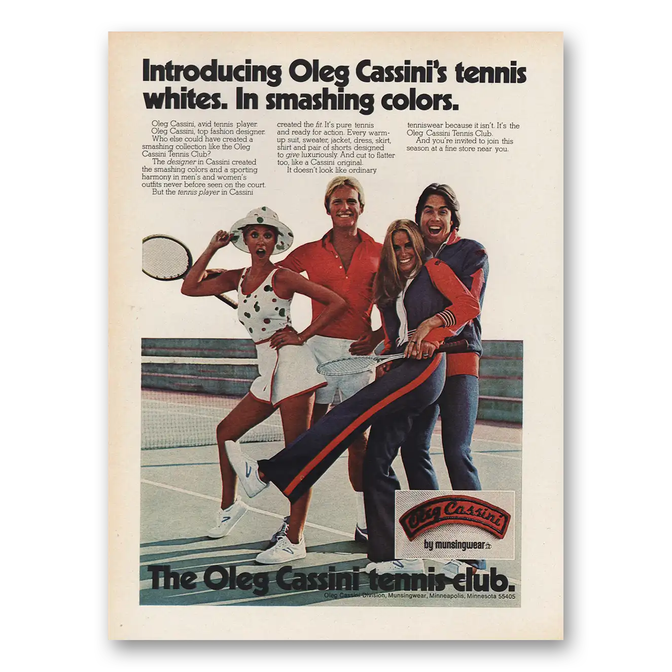 1974 Oleg Cassini Tennis Whites In Smashing Colors Vintage Magazine Print Ad