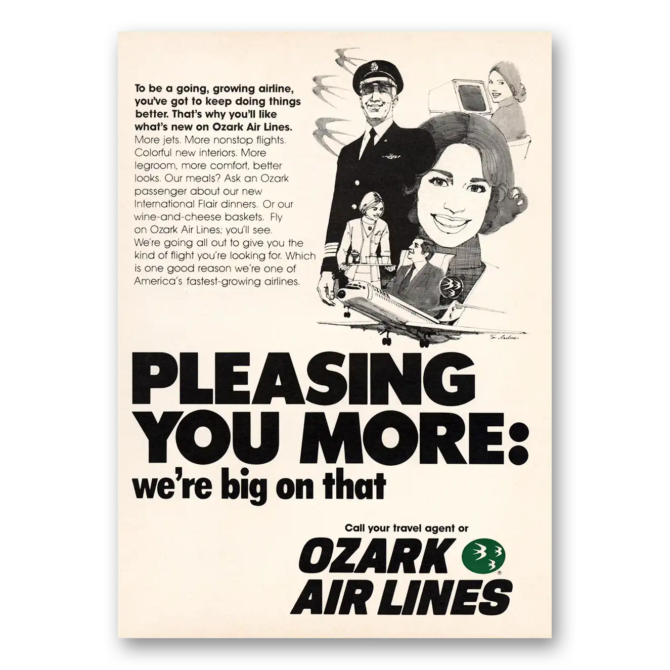 1974 Ozark Airlines Pleasing You More Vintage Magazine Print Ad